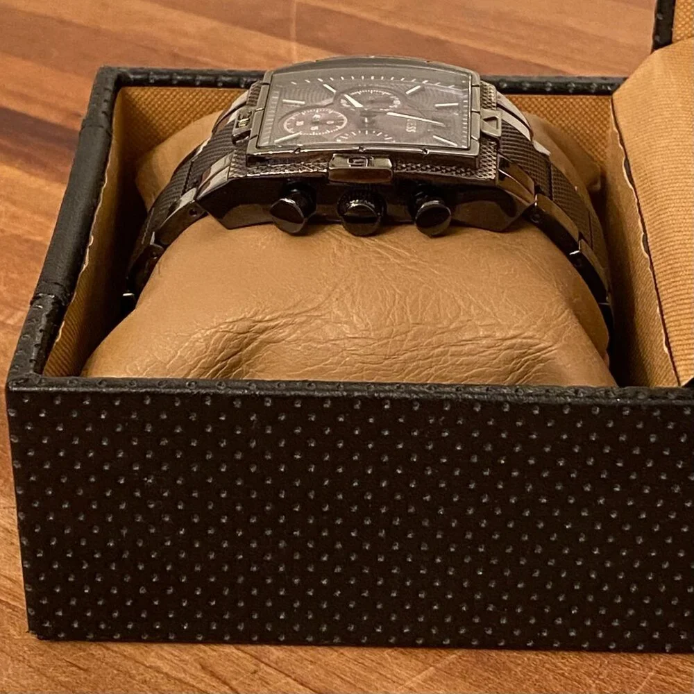Men's GUESS Watch Gunmetal Gray Classic Rectangular Face and Steel Band with Box